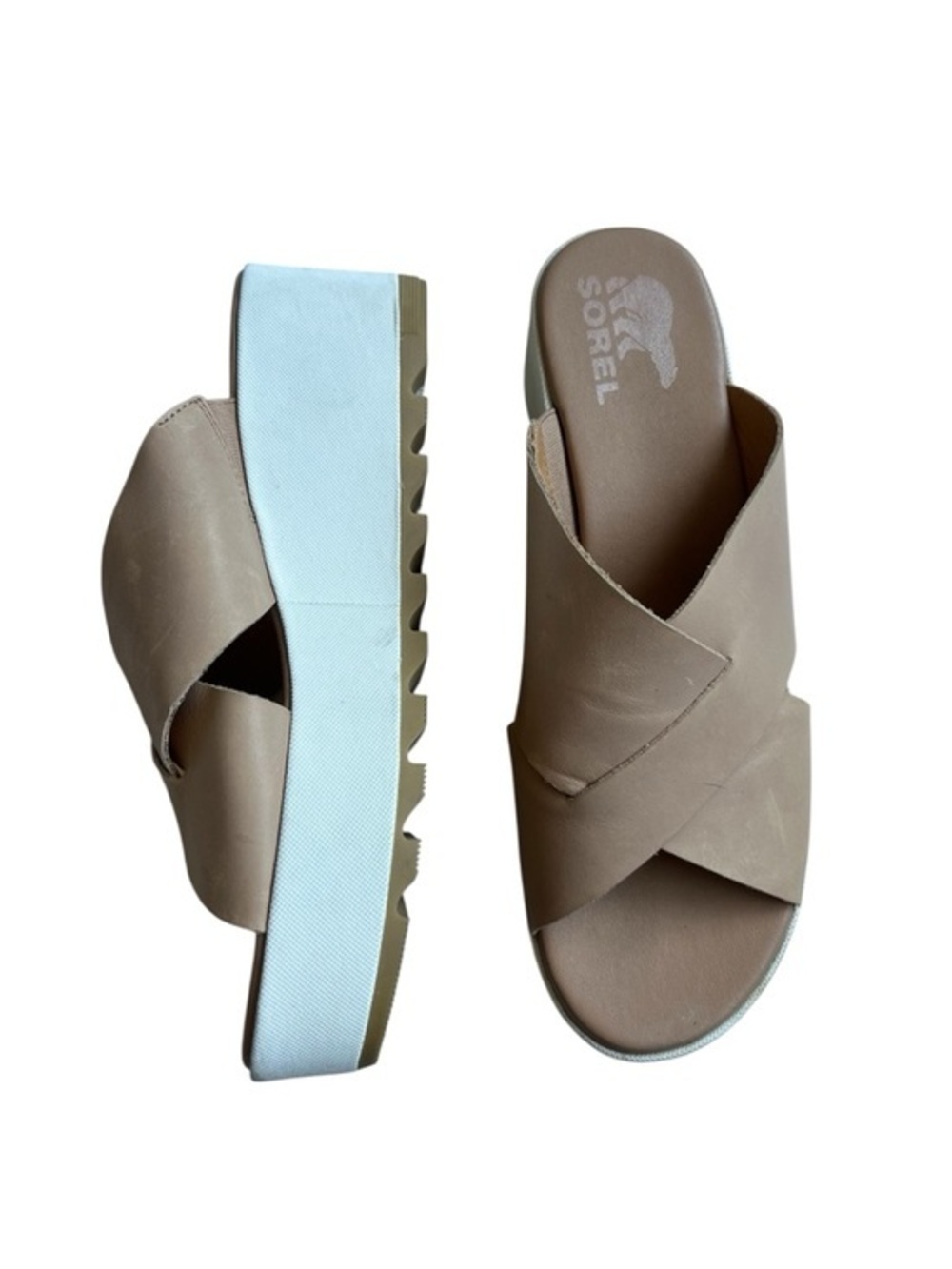 Sorel Taupe Crossband Platform Slide Sandals